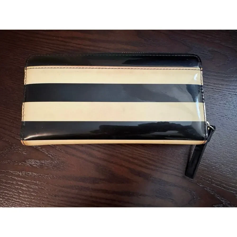 Kate Spade Penn Valley Neda Striped Black Ivory Zip Around Wallet